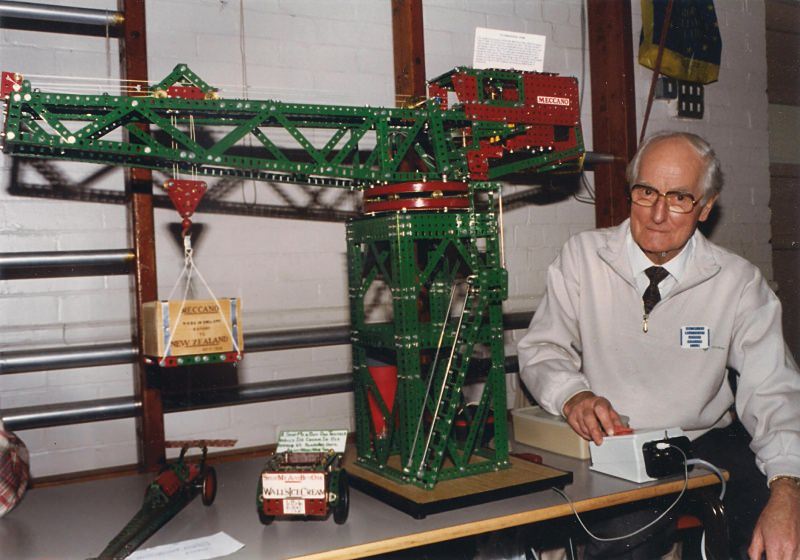 Len Spink with block-setting crane at our 18th exhibition on 12th October 1996 at Christ Church Hall