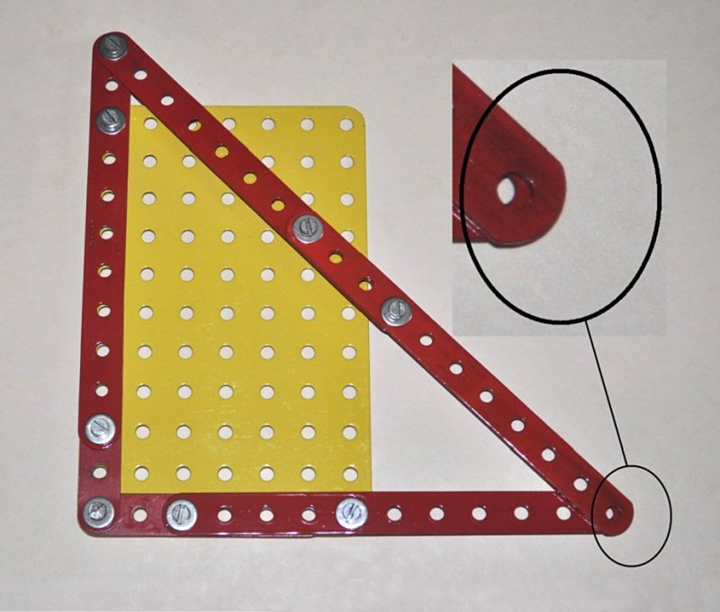A 12, 13, 17 right-angle triangle in Meccano, showing that the final holes do not quite line up