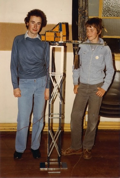 Brian Leach (left) and his tower crane, with junior club member Neil Carter