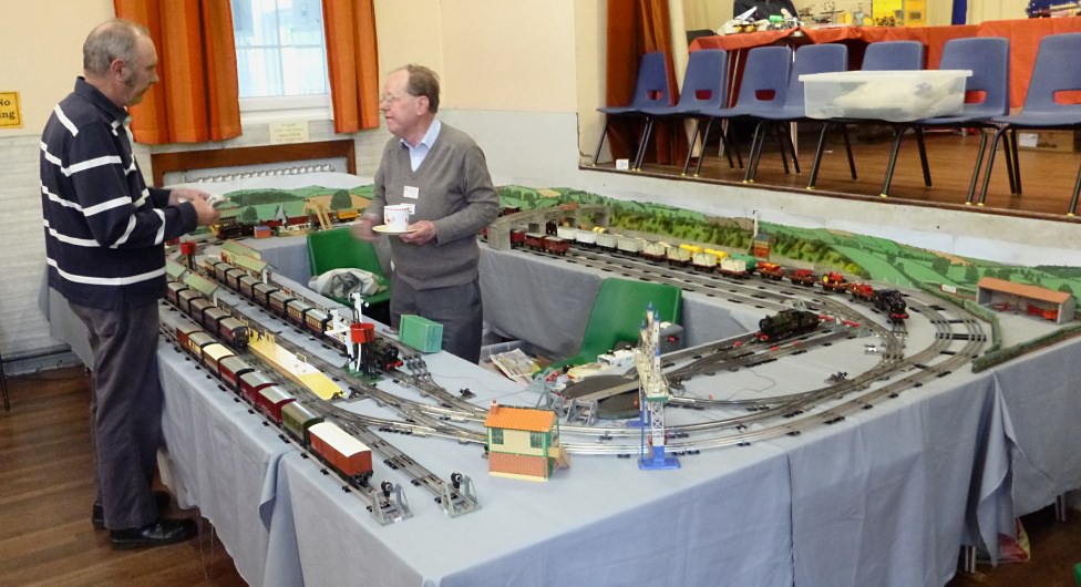 Adrian Ashford (right) with his Hornby model railway layout at the Vintage Hornby Train Show in 2015